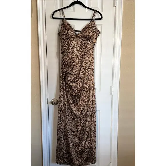Popilush Satin Goddess Maxi Dress XL Leopard Print Built-In Shapewear Sexy Glam - Picture 2 of 9